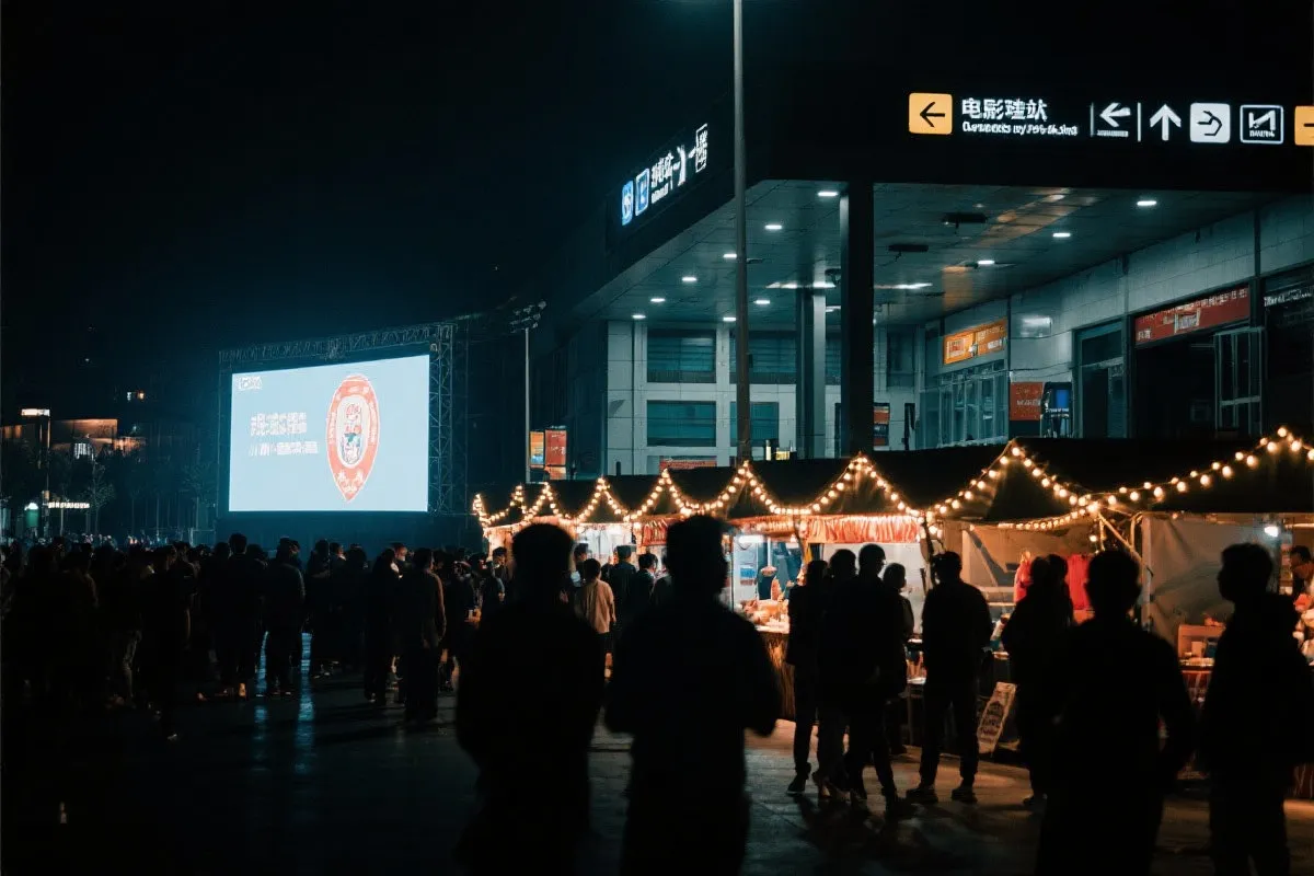 费城球迷广场夜景：大屏观赛人群、步行指示牌与公共交通入口